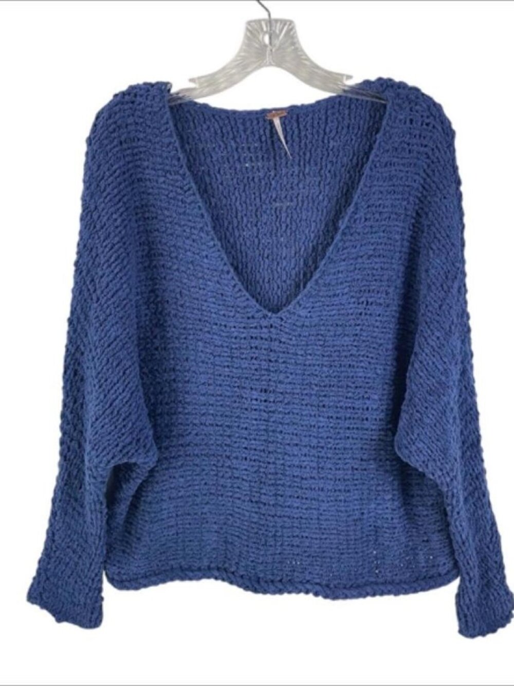 Free People Dolphin Bay V-Neck Sweater Size XS Blue Chunky Knit